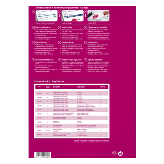Изображение демонстрирует варианты дизайна и печати этикеток, включая различные виды этикеток для бутылок и текстиля, с инструкциями на нескольких языках. Оно содержит перечень кодов продуктов, форматов, описаний, содержания и деталей упаковки. Макет выполнен в цвете и организован таким образом, чтобы предоставить четкий обзор доступных продуктов.
