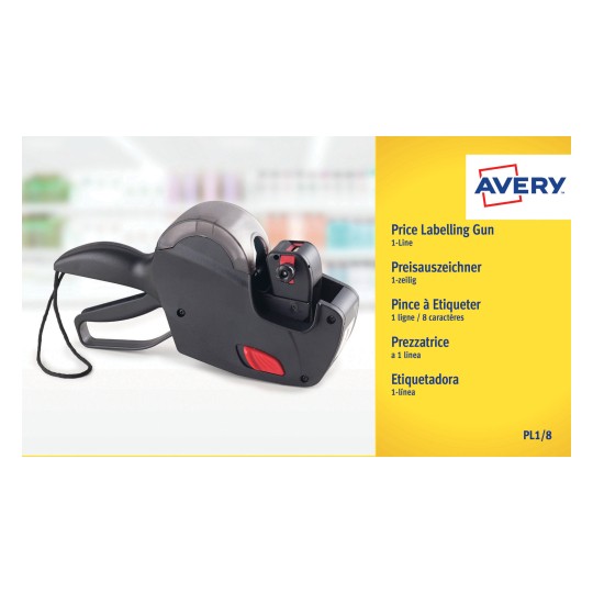 Изображение упаковки: Avery Zweckform аппарат для ценников, 1-строчный, Артикул: PL1/8, Формат: 165 x 280 x 75 мм, Содержание: 1 шт.