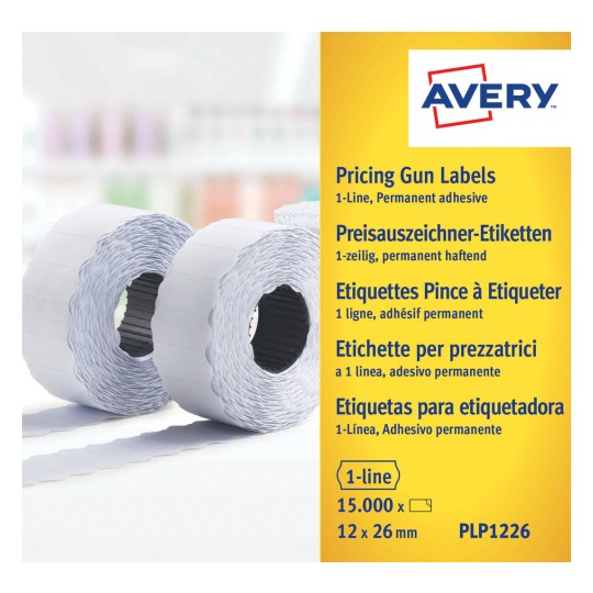 Изображение упаковки: Avery Zweckform Этикетки, Артикул: PLP1226, Формат: 26 x 12 мм, Содержание: 15 000 этикеток / 10 рулонов, 1 500 этикеток/рулон.