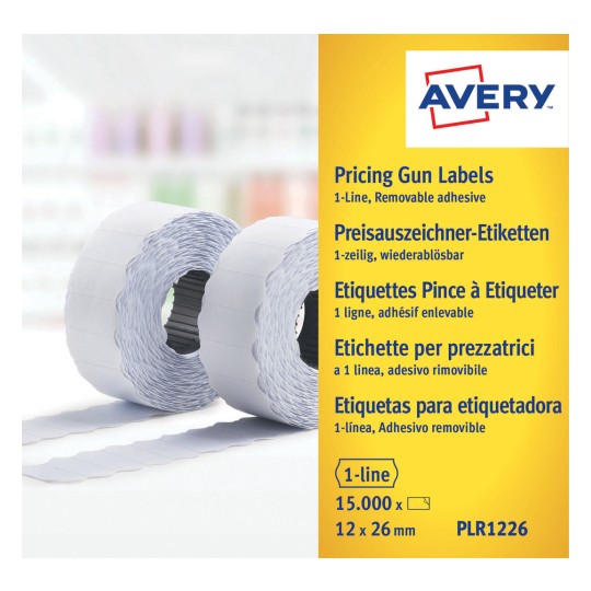 Изображение упаковки: этикетки Avery Zweckform, артикул: PLR1226, формат: 26 x 12 мм, содержание: 15 000 этикеток / 10 роликов, 1 500 этикеток/ролик.
