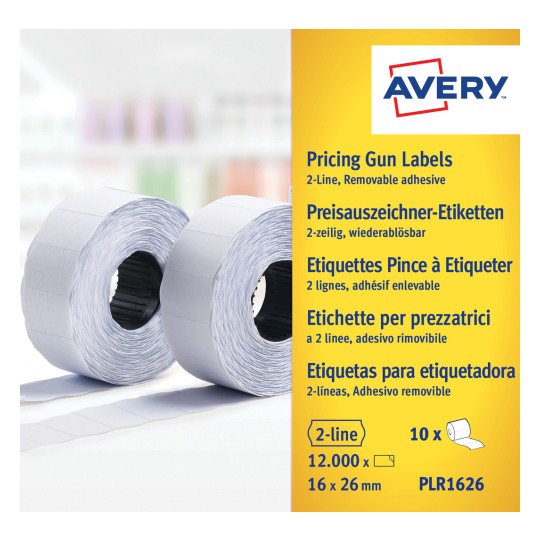 Изображение упаковки: этикетки Avery Zweckform, артикул: PLR1626, формат: 26 x 16 мм, содержание: 12 000 этикеток / 10 рулонов, 1 200 этикеток/рулон.