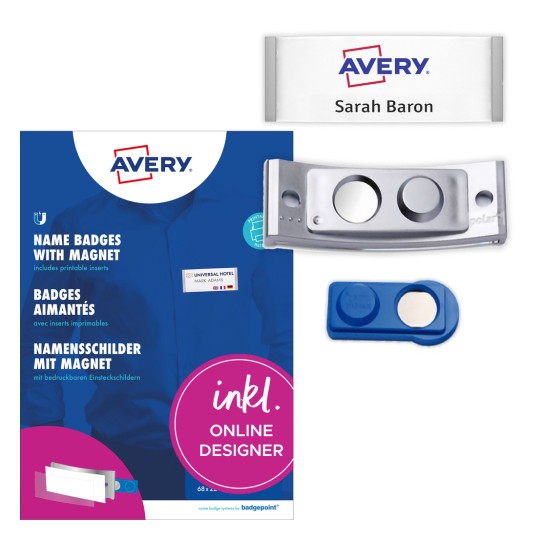 Изображение упаковки с листом наклеек: Avery Zweckform, артикул: POL20MA66-20DR, магнитные бейджи, формат: 68 x 22 мм, подходит для печати: цветной лазер, черно-белый лазер, струйный принтер, содержимое: 20 знаков / 120 вставных знаков / 5 листов, 24 карточки/лист.