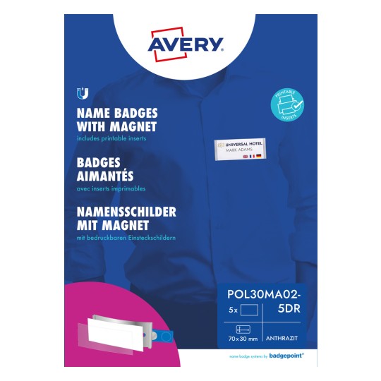 Изображение упаковки: Avery Zweckform, Артикул: POL30MA02-5DR, Формат: 70 x 30 мм, Совместимость с принтерами: цветной лазерный, черно-белый лазерный, струйный, Содержание: 5 табличек / 18 вставных табличек / 1 лист.