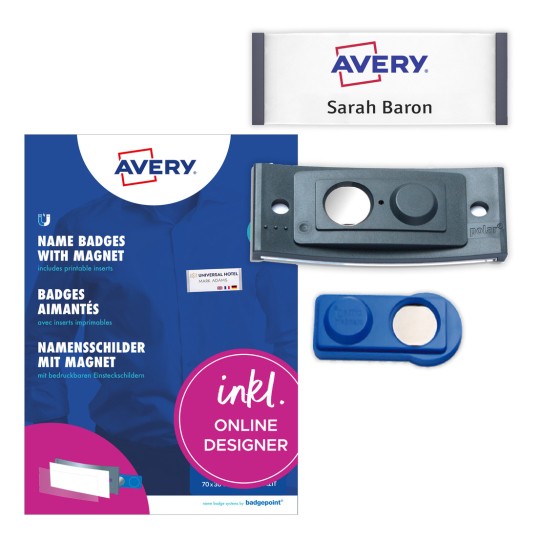 Изображение упаковки с листом этикеток: Avery Zweckform, артикул: POL30MA02-5DR, магнитные именные таблички, формат: 70 x 30 мм, пригодность для печати: цветной лазер, лазер ч/б, струйный принтер, содержимое: 5 табличек / 18 вкладышей / 1 лист, 18 карточек/лист?