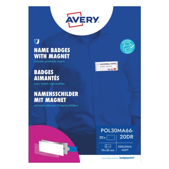 Изображение упаковки: Avery Zweckform, артикул: POL30MA66-20DR, формат: 70 x 30 мм, пригодность для печати: цветной лазер, черно-белый лазер, струйный принтер, содержание: 20 табличек / 90 вставных табличек / 5 листов.
