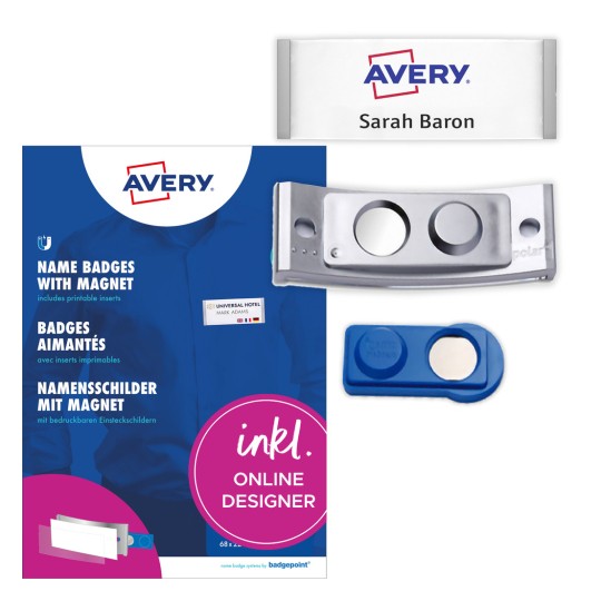 Изображение упаковки с листом этикеток: Avery Zweckform, артикул: POL30MA66-20DR, магнитные бейджи, формат: 70 x 30 мм, подходящий для печати: цветной лазер, черно-белый лазер, струйный, содержимое: 20 бейджей / 90 вкладышей / 5 листов, 18 карт на лист?