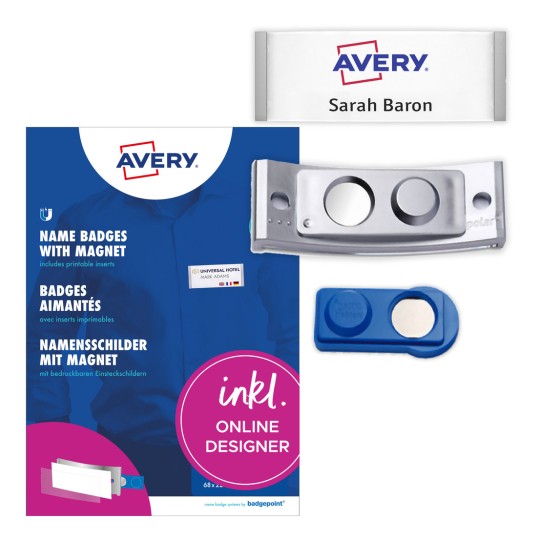 Упаковка с наклейками: Avery Zweckform, артикул: POL30MA66-5DR, магнитные именные бейджи, формат: 70 x 30 мм, подходит для печати на цветных лазерных принтерах, черно-белых лазерных принтерах, струйных принтерах. Содержимое: 5 бейджей / 18 вставок / 1 лист, 18 карточек/лист?