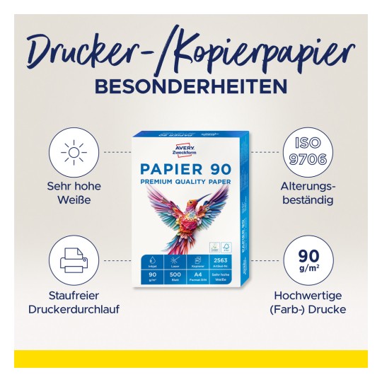 Изображение представляет собой коробку с продуктом 'Drucker-/Kopierpapier', подчеркивая его качества, такие как очень высокая белизна, стойкость к старению и совместимость с струйными и лазерными принтерами.