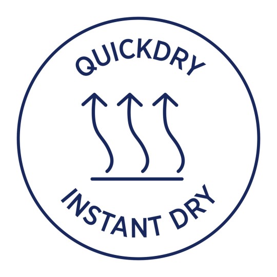 Изображение содержит круговую графику с текстом «QUICKDRY» и «INSTANT DRY», а также тремя стрелками вверх и волнистыми линиями, символизирующими быстрое высыхание.