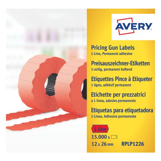 Изображение упаковки: этикетки Avery Zweckform, статья: RPLP1226, формат: 26 x 12 мм, содержимое: 15 000 этикеток / 10 рулонов, 1 500 этикеток/рулон.