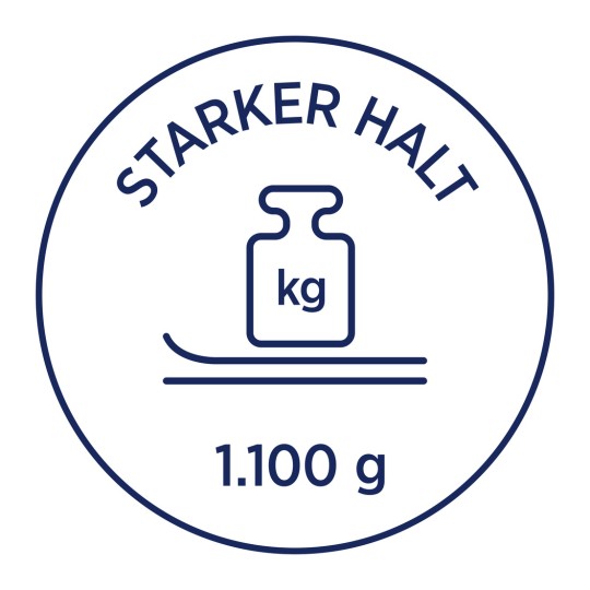 Изображение содержит круглый дизайн с текстом «STARKER HALT» и иллюстрацией гири с надписью «kg», а также числом «1.100 г» внизу.