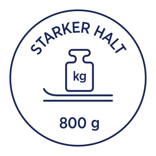 Изображение содержит этикетку или значок с текстом «STARKER HALT» наверху, изображающим символ веса (бутылка со шкалой) с надписью «кг». Ниже указан вес «800 г».
