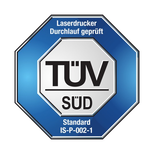 Изображение показывает логотип сертификации от TÜV Süd для лазерных принтеров, указывающий, что они были протестированы согласно стандарту IS-P-002-1.