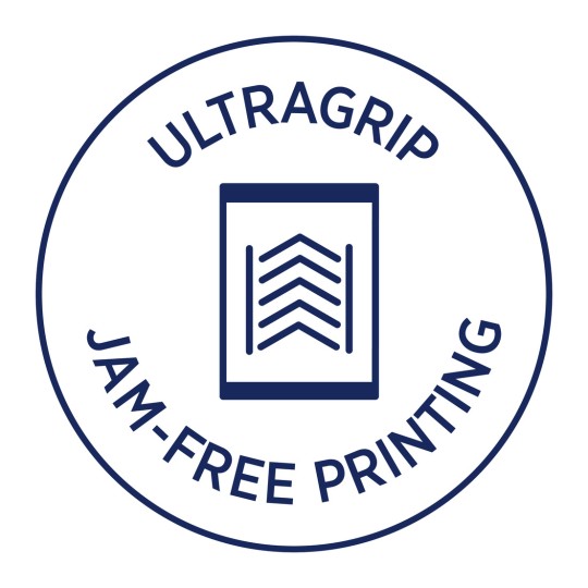 Изображение содержит круглый логотип, продвигающий 'UltraGrip Jam-Free Printing', с графическим изображением документа, на котором линии подразумевают плавную работу.