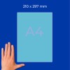 Контур листа бумаги формата A4 (210 × 297 мм) на синем фоне, с рукой внизу слева?