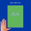 Контур листа бумаги формата A4 (210 × 297 мм) на синем фоне, с рукой для масштаба?