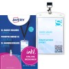Изображение упаковки с листом карточек: карманные бейджи с лентой Avery Zweckform, артикул: 4834, формат: 105 x 148 мм, подходят для печати: струйные принтеры, цветные лазерные принтеры, черно-белые лазерные принтеры, копировальные аппараты, содержимое: 10 бейджей / 12 вкладышей / 3 листа.