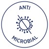 Изображение содержит круглый дизайн с надписью «ANTI» вверху и «MICROBIAL» внизу. В центре находится графическое изображение символа вируса, зачеркнутого, что указывает на антимикробные свойства.