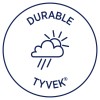 Изображение содержит логотип, который включает слово "DURABLE" в верхней части, иллюстрацию облака с солнечными лучами и дождем ниже него, и слово "TYVEK®" в нижней части. Дизайн предполагает устойчивость к погодным условиям и долговечность.