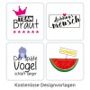 Изображение содержит четыре шаблона дизайна. Вверху слева изображено 'TEAM Braut' с короной. Вверху справа надпись 'Lieblingsmensch' в декоративном шрифте. Внизу слева изображена спящая синяя птица с фразой 'Der späte Vogel schläft länger'. Внизу справа изображен арбуз с надписью 'SOMMER'.