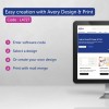 Изображение показывает экран компьютера с программным обеспечением Avery Design & Print, на котором представлены инструкции по созданию этикеток, включая ввод кода, выбор дизайна, создание дизайна и печать с помощью слияния данных почты.