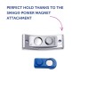 Изображение демонстрирует магнитный крепёж SMAG® Power Magnet, состоящий из серебряного магнитного элемента и синего магнитного крепежа, с текстом, подчёркивающим идеальную фиксацию.