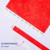 Изображение показывает лист красных браслетов с 10 видимыми индивидуальными браслетами, каждый из которых помечен уникальными идентификаторами. Одна из секций браслетов показана оторванной.