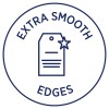 Изображение содержит круговой дизайн с надписью 'EXTRA SMOOTH' в верхней части и 'EDGES' в нижней, а также иллюстрацию бирки со звездой.