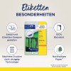 Изображение представляет собой упаковку для этикеток для папок Avery Zweckform UltraGrip, подчеркивая ключевые особенности, такие как простота дизайна, 100% непрозрачность и экологичная бумага. Оно иллюстрирует использование продукта в систематизации документов и организации.
