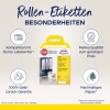Изображение показывает коробку с рулонными этикетками от Avery Zweckform. Она подчеркивает такие особенности, как совместимость с Dymo Labelwriter, гарантия качества и устойчивая бумага. На коробке отображены различные этикетки для организации папок, такие как «Бюджет», «Встречи» и «Маркетинг».