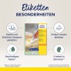 Изображение демонстрирует лист с этикетками продукта от Avery Zweckform, выделяя такие особенности, как легкий дизайн, съемные этикетки и устойчивую бумагу. Текст на немецком языке указывает на то, что этикетки подходят для различных применений и производятся в Германии.