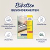 Изображение демонстрирует продукт для этикеток от Avery Zweckform, подчеркивая такие характеристики, как водонепроницаемость, стойкость к отслаиванию и экологичность. Также упоминается использование инструмента для индивидуального дизайна.