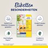 Изображение содержит рекламное объявление продукта компании Avery Zweckform — съемные этикетки, подчеркивающее такие особенности, как простота в дизайне, возможность повторного использования, экологичная бумага и производство в Германии.
