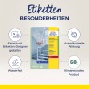 Изображение демонстрирует упаковку продукта для антимикробных этикеток Avery Zweckform. Оно подчеркивает такие особенности, как легкость в дизайне с помощью конструктора этикеток, водостойкость и то, что продукт является климатически нейтральным.