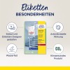 Изображение показывает упаковку продукта для антимикробных этикеток от Avery Zweckform. Она подчеркивает такие особенности, как легкое создание дизайна с помощью онлайн-инструмента, водонепроницаемость и нейтральность по CO2. Дизайн включает в себя значки, представляющие эти особенности.