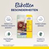 Изображение демонстрирует упаковку для съемных этикеток от Avery Zweckform, подчеркивая такие особенности, как простота дизайна с помощью конструктора этикеток, использование экологически чистой бумаги и то, что она произведена в Германии. На нем изображена банка с вареньем с наклеенной этикеткой.