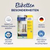 Изображение показывает этикетки от Avery Zweckform, демонстрирующие их офисные и домашние этикетки, изготовленные из 100% переработанной бумаги. Оно включает информацию о процессе их разработки, сертификации TÜV и производстве в Германии.