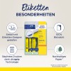 Изображение демонстрирует упаковку продукта для этикеток Avery Zweckform с ультра сцеплением, подчеркивая такие особенности, как простой дизайн, 100% прозрачность и экологически чистую бумагу. Также упоминается технология, обеспечивающая печать без замятий.