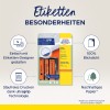 Изображение показывает упаковку для этикеток Avery Zweckform UltraGrip, подчеркивая такие особенности, как легкое проектирование с помощью онлайн-инструмента, 100% непрозрачность и экологически чистая бумага. Также упоминаются преимущества технологии UltraGrip для печати без проблем.