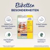 Изображение демонстрирует упаковку продукта для съёмных этикеток от Avery Zweckform, подчеркивая такие особенности, как легкость дизайна, возможность повторного использования, экологичность материала и то, что он произведен в Германии.