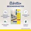 Изображение демонстрирует этикетки Avery Zweckform, подчеркивая такие характеристики, как устойчивость к погодным условиям, простота дизайна с использованием конструктора этикеток и CO2-нейтральность. Этикетка продукта выделяет его высокую прочность и то, что он произведен в Германии.