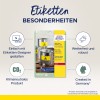 Изображение демонстрирует этикетки от Avery Zweckform, представляя водоустойчивые желтые этикетки, предназначенные для интенсивного использования. Подчеркивается легкость дизайна с использованием конструктора этикеток, нейтральность по выбросам CO2 и то, что продукт произведен в Германии.