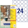Изображение упаковки с листом этикеток: Avery Zweckform круглые этикетки, артикул: L3415-100, формат: ⌀ 40 мм, пригодность для печати: струйный принтер, лазерный принтер черно-белый, цветной лазерный принтер, содержимое: 2 400 этикеток / 100 листов, 24 этикетки на лист.