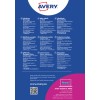 Изображение содержит рекламную информацию о самоклеящихся бейджах Avery, описывая их особенности, советы по использованию и контактную информацию на различных языках.