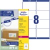 Изображение упаковки с листом этикеток: Avery Zweckform Versand-Etiketten, артикул: L7165-100, формат: 99,1 x 67,7 мм, совместимость с принтерами: лазерный ч/б, цветной лазер, содержимое: 800 этикеток / 100 листов, 8 этикеток/лист.