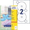 Изображение упаковки с листом этикеток: Avery Zweckform CD-Etiketten SuperSize, артикул: L7676-100, формат: ⌀ 117 мм, подходит для принтеров: струйные, лазерные черно-белые, цветные лазерные, содержание: 200 этикеток / 100 листов, 2 этикетки/лист.