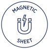 Изображение содержит круглый дизайн с текстом «MAGNETIC SHEET» и иллюстрацией U-образного магнита с молнией в центре.