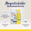 Изображение демонстрирует упаковку продукта магнитных листов от Avery Zweckform, выделяя такие особенности, как лёгкое создание с помощью онлайн-инструмента, магнитные листы для создания знаков, и упоминание о климатической нейтральности.