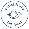 Изображение содержит круглый логотип или штамп, на котором сверху написано "ONLINE PORTO", а внизу - "DHL PAKET", с графикой, похожей на глаз, в центре.
