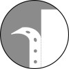 Изображение представляет собой стилизованный дизайн крюка или похожего объекта с изогнутой формой и точками, расположенный на контрастном фоне.